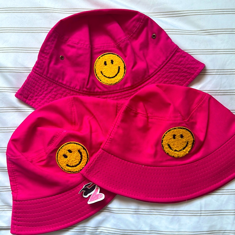 Bucket Hat with Smiley Face Patch, PINK, Multiple Sizes